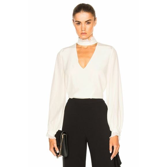 ALEXIS "KLEIN" WHITE SILK RUFFLE CHOKER BLOUSE TOP - Picture 1 of 9